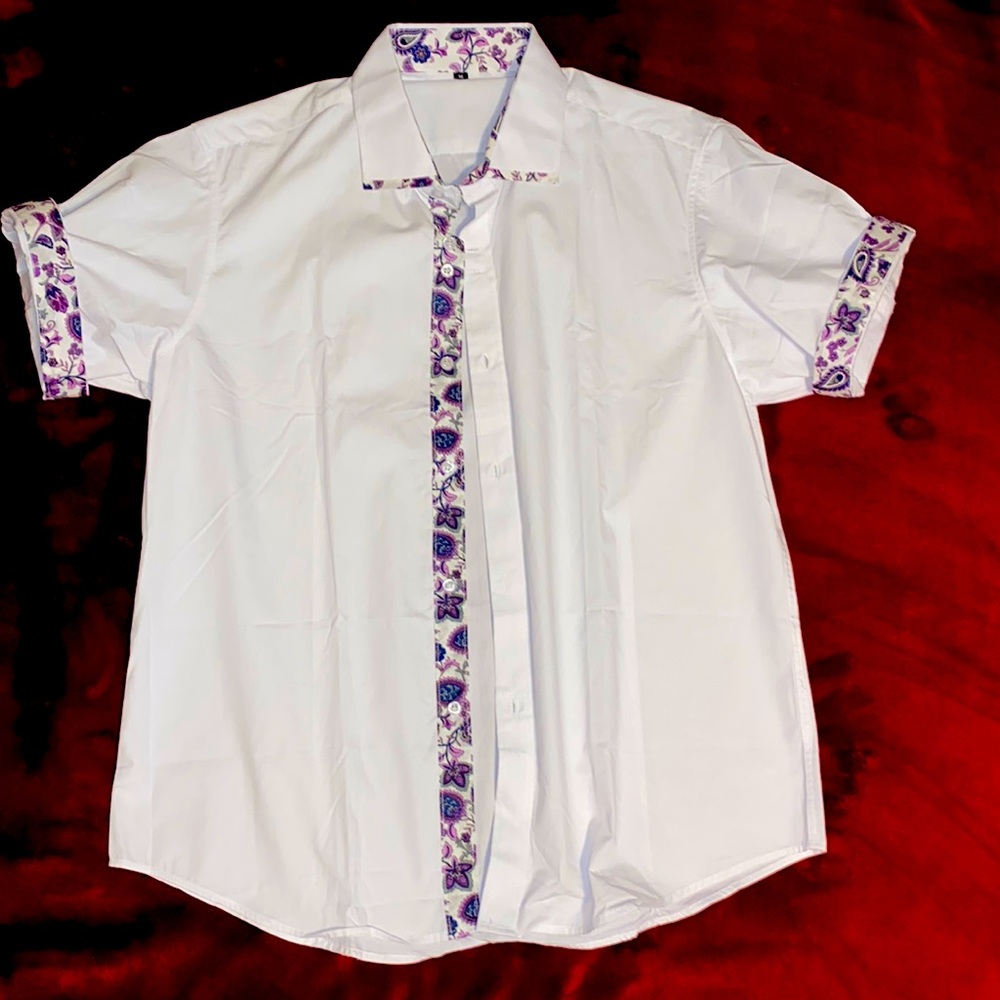 Mens dress shirt polo button up white plain/ flower print